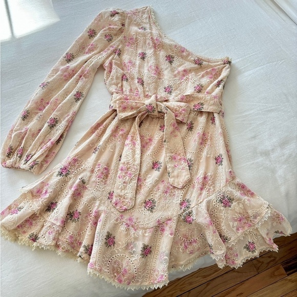 NWT Hemant & Nandita One Shoulder Ivory & Pink Embroidered Mini Dress, Large - Picture 5 of 9